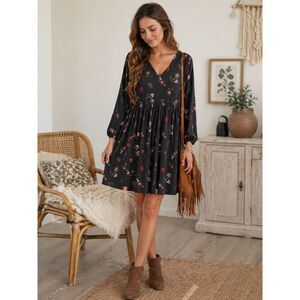 Old Navy Black Floral Fit & Flare Knit Midi Dress Women's Size M Boho Feminine